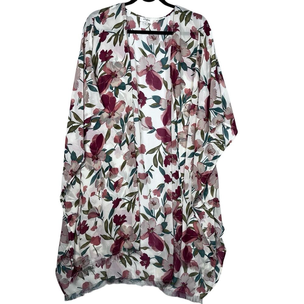 UMGEE Cream White Mixed Floral Open Front Kimono Women Sz S/M Boho Fringe